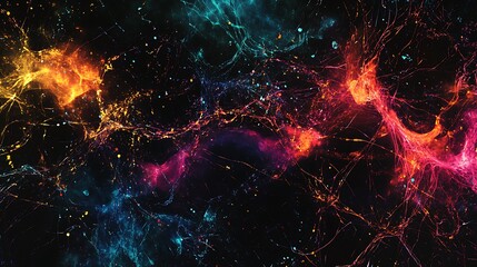 Poster - Visual representation of neuron network with vibrant electrical impulses illuminating dark background
