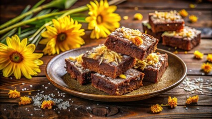 Aufkleber - A Rustic Plate of Decadent Chocolate Brownies, Garnished with Sweet Powdered Sugar and Delicate Yellow Flower Petals