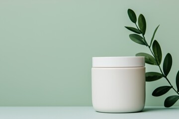 Poster - Skincare product packaging mockup with green leaves on pastel background