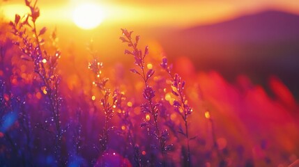 Aufkleber - A serene landscape with the sun setting behind a field of grass, suitable for use in scenes about nature, relaxation, or calm moments