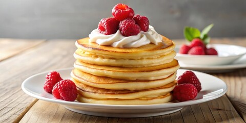 Poster - A stack of fluffy pancakes topped with whipped cream and fresh raspberries, a perfect breakfast treat