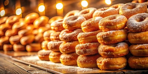 Poster - A pyramid of golden glazed donuts sprinkled with powdered sugar, illuminated by warm lights, creating a tempting visual feast.