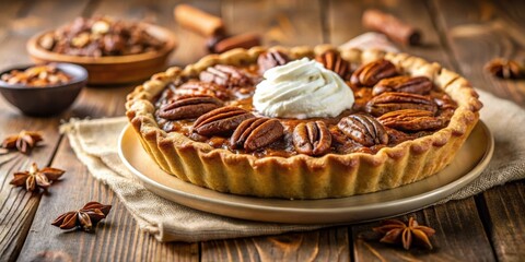 Poster - A perfectly baked pecan pie with a flaky crust, topped with a dollop of whipped cream and scattered with pecan halves, sits on a rustic wooden table, a delightful treat for any occasion.