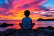 © DKPhoto - A young child sits peacefully on the rocks, gazing at a stunning sunset over the ocean, capturing feelings of innocence, wonder, and the beauty of nature's spectacle.