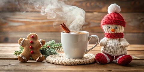 Poster - A Cozy Winter Scene with a Cup of Steaming Hot Chocolate, a Gingerbread Man, and a Knit Snowman on a Rustic Wooden Tabletop