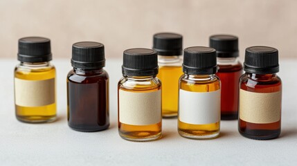 Poster - Essential oils collection in small glass bottles with blank labels for skincare presentation