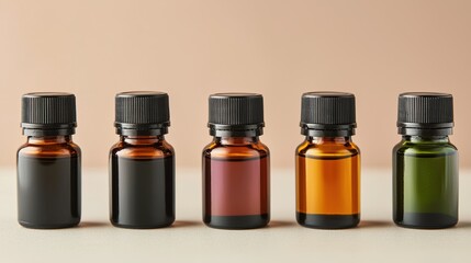 Poster - Five small essential oil bottles with black caps displaying different colors on neutral background