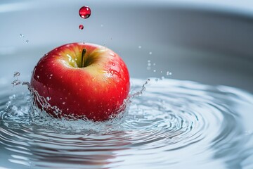 Poster - A juicy red apple falls into a bowl of calm water, creating ripples