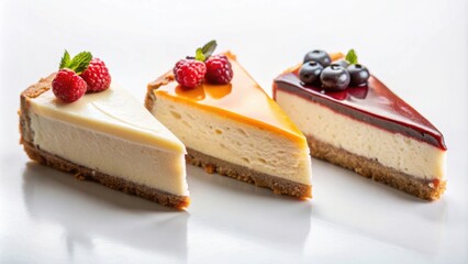 Poster - Three slices of cheesecake with various toppings, showcasing a delectable dessert option for any occasion.