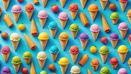 Poster - A Colorful Symphony of Ice Cream Cones and Sweet Treats on a Vibrant Blue Background