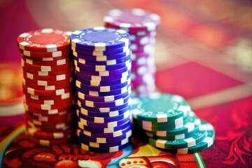 Poster - A collection of poker chips stacked on a table, ready for play or game