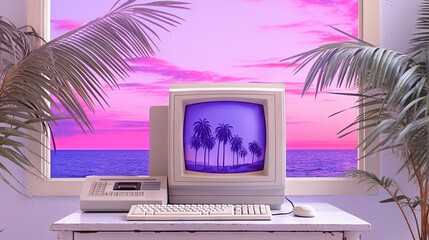 Poster - vaporwave styled scene with computer and palms in purple color