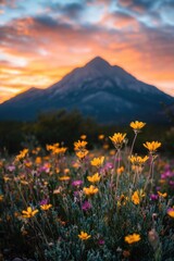 Poster - A field of bright yellow flowers against a majestic mountain backdrop