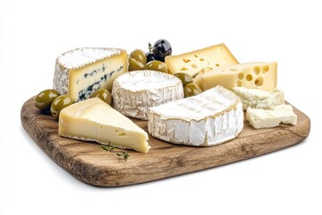Poster - A wooden cutting board topped with sliced cheese, olives, and decorative garnish