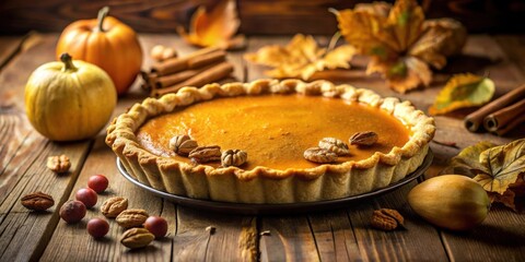 Aufkleber - A golden pumpkin pie, freshly baked and adorned with pecans, sits on a rustic wooden table surrounded by the warmth of autumn leaves and cinnamon sticks.