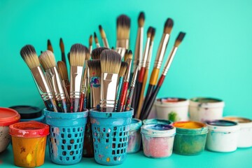 Aufkleber - A collection of paint brushes in a blue container, perfect for art or crafting scenes