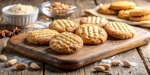 Poster - A close-up of freshly baked almond cookies on a wooden cutting board, dusted with powdered sugar and surrounded by almonds and star anise