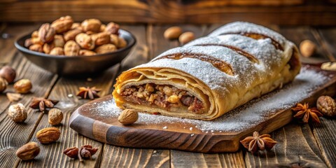 Poster - A Close-up of a Freshly Baked Apple Strudel, Powdered with Sugar and Served on a Rustic Wooden Cutting Board, Surrounded by Almonds and Star Anise