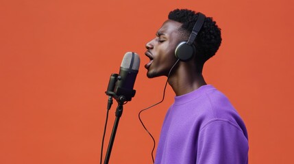 Poster - A musician performing into a mic while wearing headphones