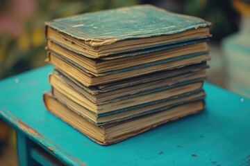 Aufkleber - Books piled up on a bright blue surface, perfect for studying or display