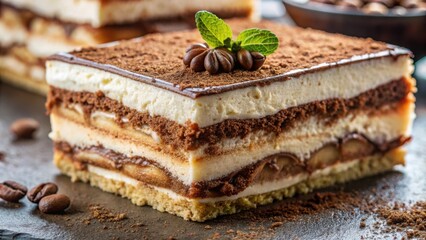 Poster - Closeup of a layered dessert with whipped cream, chocolate, and cocoa powder, garnished with fresh mint and coffee beans