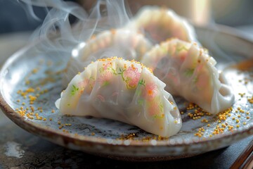 Poster - A plate of steaming hot dumplings on a wooden table, with wisps of steam rising from the top