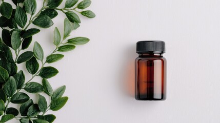 Poster - Amber supplement bottle lying near green leaves on white background