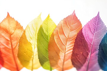 Poster - A row of colorful leaves arranged neatly on a white surface, perfect for design or decoration