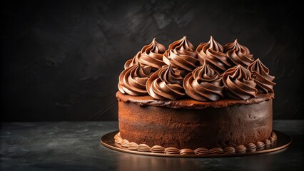 Poster - A rich chocolate cake adorned with swirls of decadent frosting, set against a dark backdrop.
