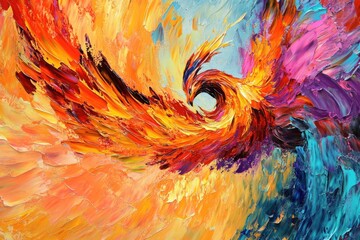 Poster - A vibrant bird spreads its wings and soars through the sky, with bright plumage and outstretched tail feathers
