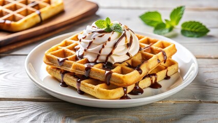 Poster - A stack of golden waffles topped with fluffy whipped cream, a generous drizzle of rich chocolate sauce, and a touch of fresh mint for a decadent and delightful dessert.