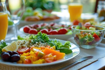 Poster - A fresh green salad on a white plate, accompanied by a glass of orange juice
