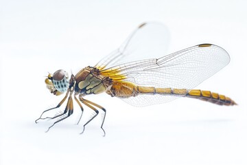 Poster - A detailed view of a dragonfly perched on a light-colored surface, ready to take flight