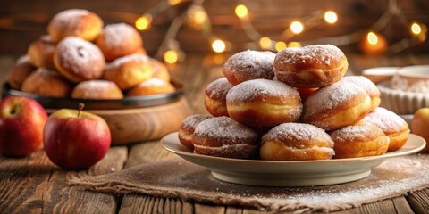 Poster - A delightful stack of powdered sugar donuts, nestled on a rustic wooden table, creates a tempting scene.