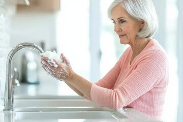 Poster - A person washing their hands with soap and water in a kitchen sink, suitable for use in educational or instructional content