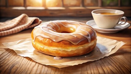Poster - A fresh, glazed donut with a creamy center, resting on parchment paper, sits on a wooden surface, with a cup of tea nearby, the sunbeams shining through a window in the background.