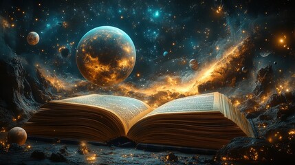Poster - opened magic book with planets and galaxies concept on the topic of astronomy or fantasy sun earth moon saturn stars and galax