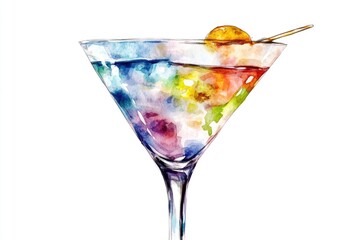 Poster - Watercolor illustration of a classic cocktail with a green olive garnish