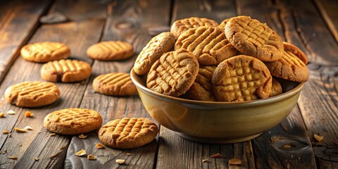 Poster - A bowl of freshly baked, golden brown peanut butter cookies, scattered with crumbs on a rustic wooden surface.
