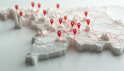 Aufkleber - Map showing multiple location markers connected by lines on a three-dimensional surface
