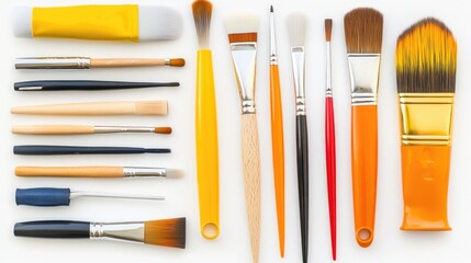 Poster - Various paint brushes arranged on a clean white surface, perfect for art or crafting projects