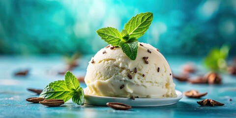 Poster - A single scoop of vanilla ice cream with chocolate sprinkles and a garnish of fresh mint leaves on a white plate, set against a turquoise backdrop.