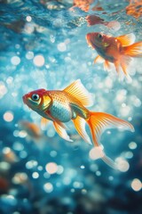 Poster - Two goldfish swimming together in the open ocean, with sunlight shining through the water
