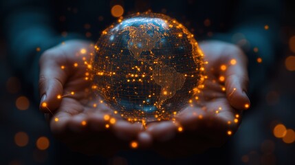 Poster - pair of hands holding a transparent globe with digital connections and nodes superimposed over it representing a network global communicatio