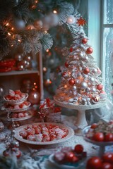 Poster - A festive scene with a table set for Christmas dinner, next to a beautifully decorated tree