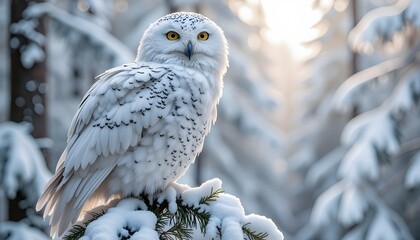 Wall Mural - a majestic snowy owl perched on a frosty pine branch, surrounded by a serene winter forest blanketed