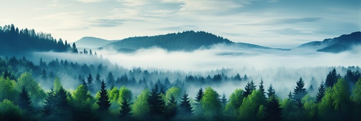 Canvas Print - spring or summer landscape with trees on a plain in the morning fog against the backdrop of distant mountains