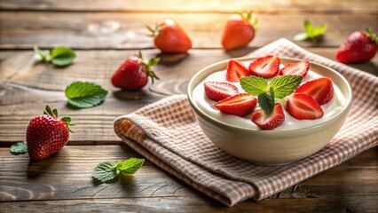 Poster - A bowl of creamy yogurt topped with sliced strawberries and fresh mint leaves, resting on a checkered cloth on a wooden table, bathed in warm sunlight.