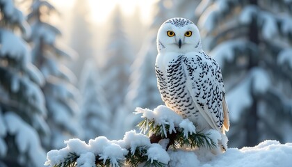 Wall Mural - a majestic snowy owl perched on a frosty pine branch, surrounded by a serene winter forest blanketed