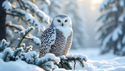 Wall Mural - a majestic snowy owl perched on a frosty pine branch, surrounded by a serene winter forest blanketed